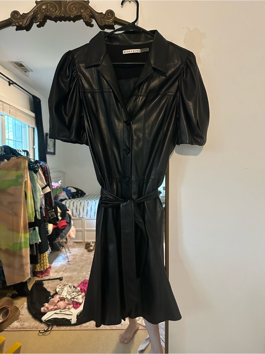 Alice + Olivia Black Faux Leather Puff-Sleeve Midi Dress